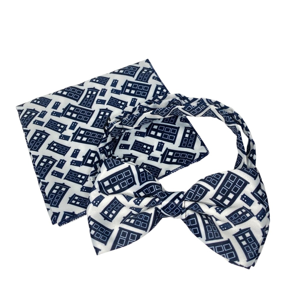 Doctor Who Tardis Navy Blue & White Bowtie Pocket Square Costume Formal Suit